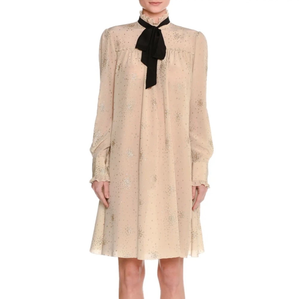 Metallic-Print Silk Tie-Neck Dress /w Tags